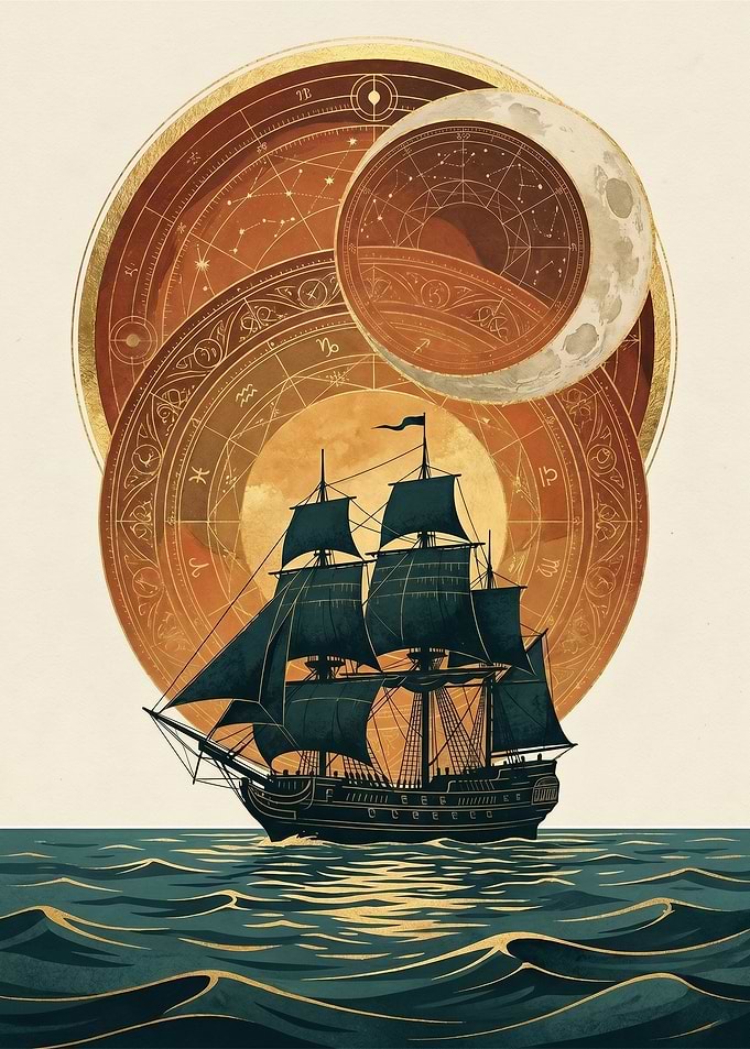 Sailing Ship Under Celestial Orbs