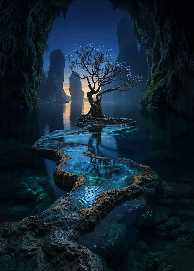 Enchanted Tree in a Mystical Cave