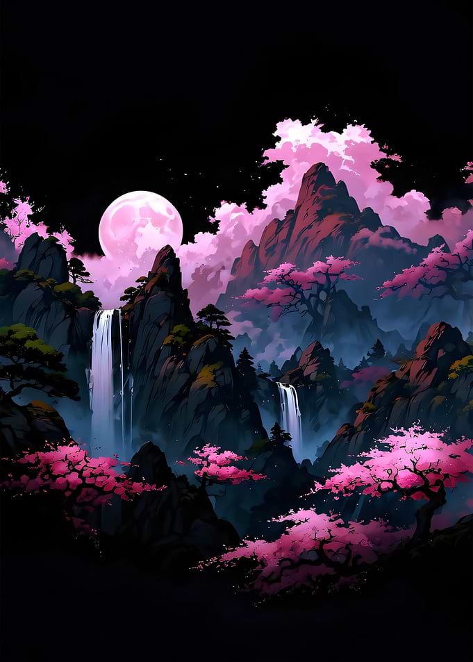 Enchanting Moonlit Mountain Waterfall
