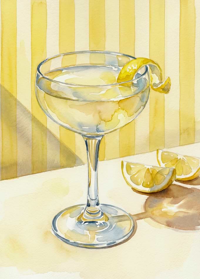 Lemon Citrus Cocktail Watercolor Yellow Striped Background Refreshing Summer Statement
