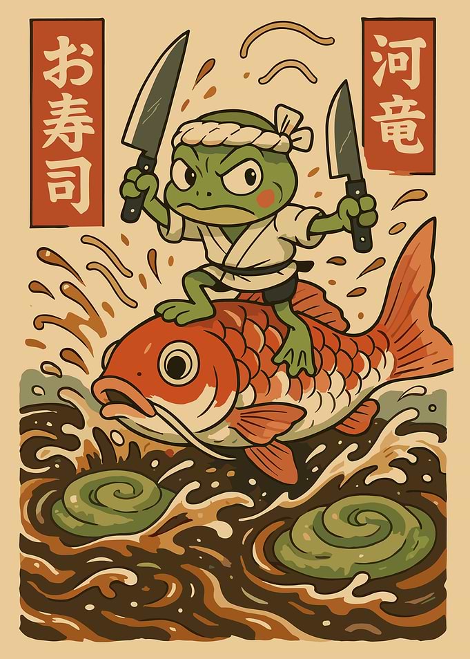 Frog Sushi Chef Riding Koi Fish – Japanese Fantasy Animal Poster