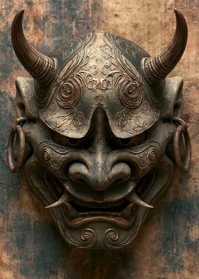 Ornate Oni Mask with Horns