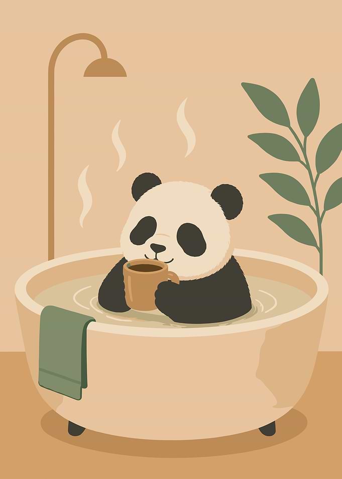 Panda enjoying a bath with coffee