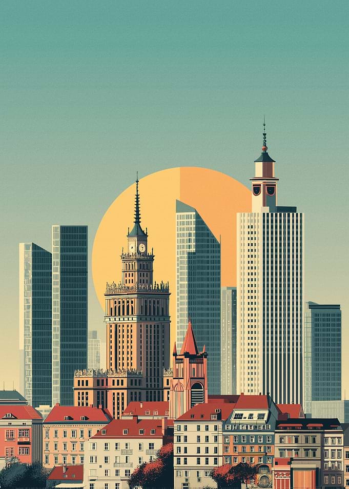 Stylized Cityscape with Retro Sun