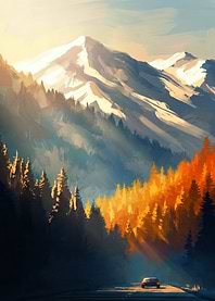 Car driving through mountain forest at sunset