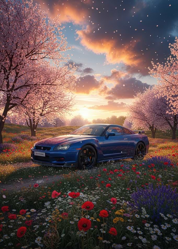 Blue Nissan GT-R in Cherry Blossom Field