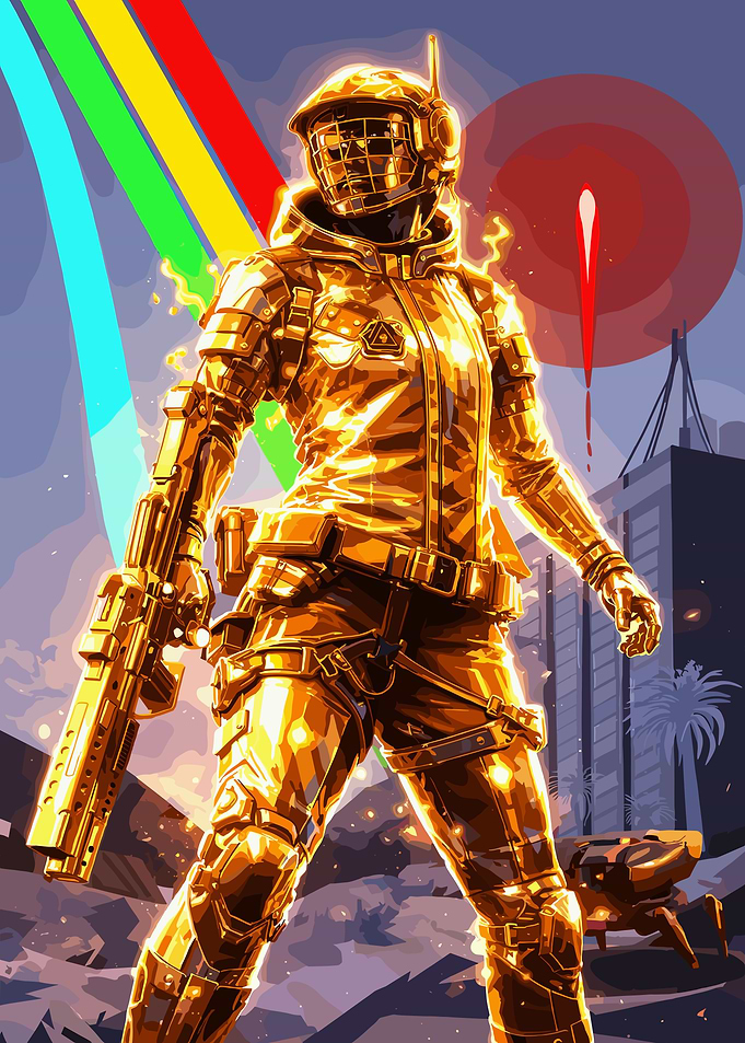 Golden futuristic soldier with weapon