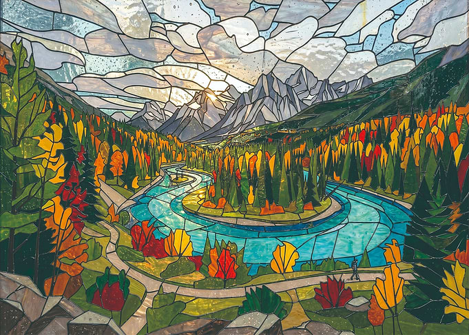 Stained Glass Mountain River Landscape