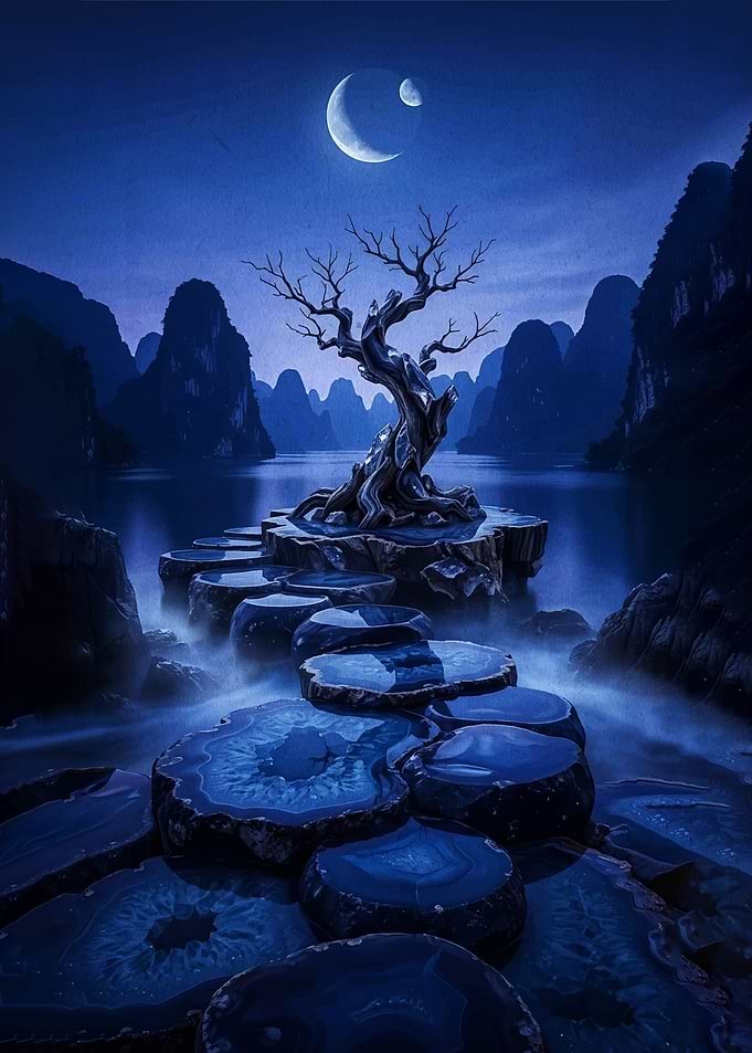 Mystical Moonlit Landscape with Ancient Tree