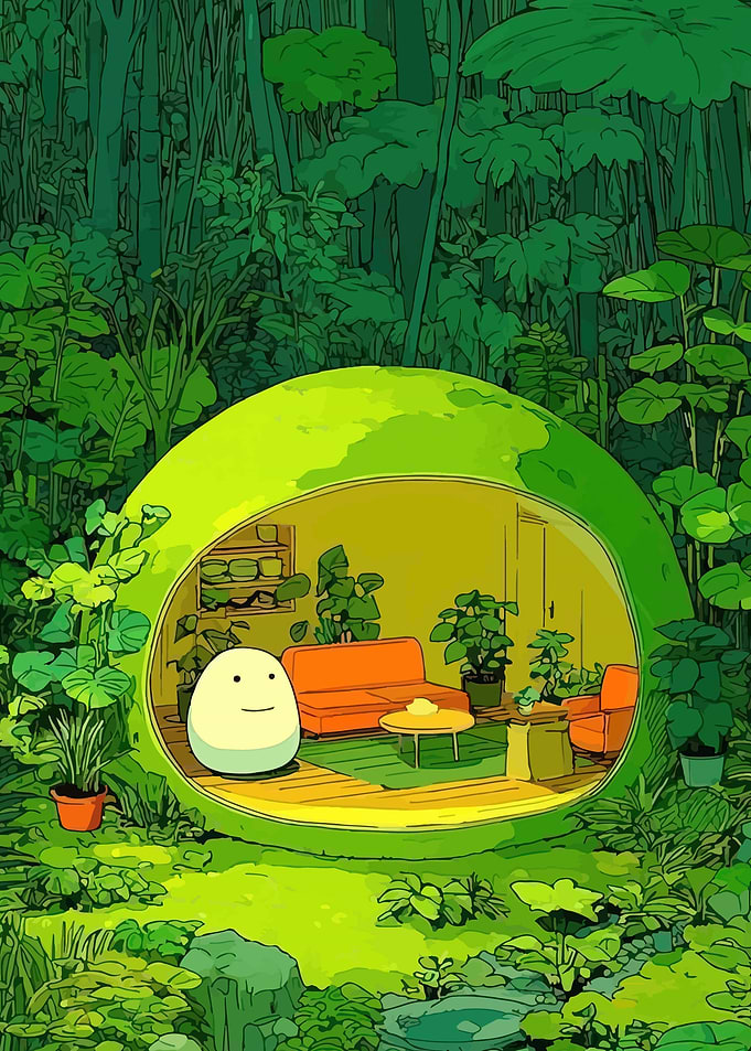 Cute character in a forest home