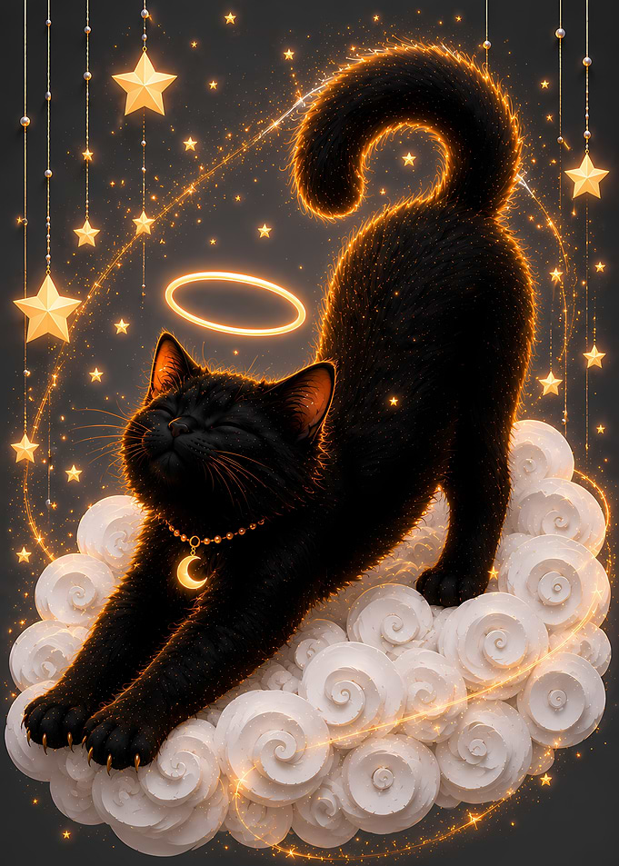 Celestial Black Cat Stretching on Clouds
