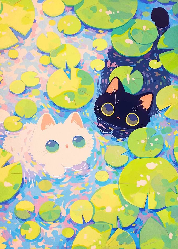 Cute Cats in Lily Pond