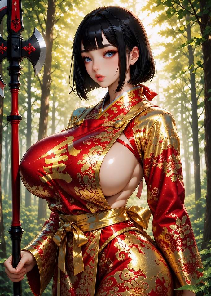 Warrior Woman in Red and Gold Kimono