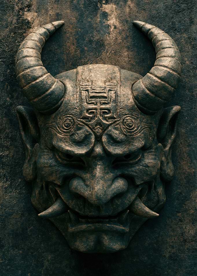 Stone Oni Mask with Horns
