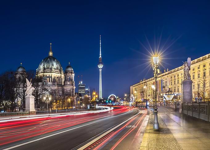 Berlin Cathedral and TV Tower with light trails