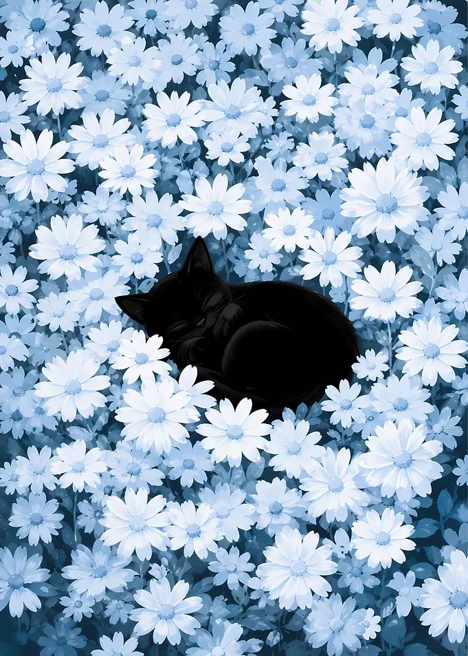 Black Cat Sleeping in White Flowers