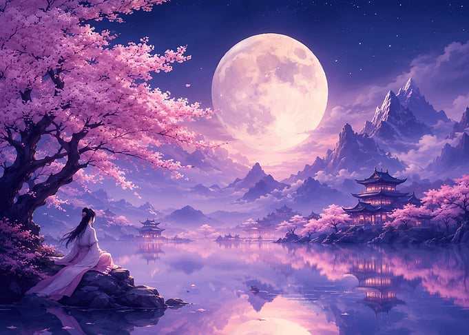 Serene Japanese Landscape Under a Full Moon