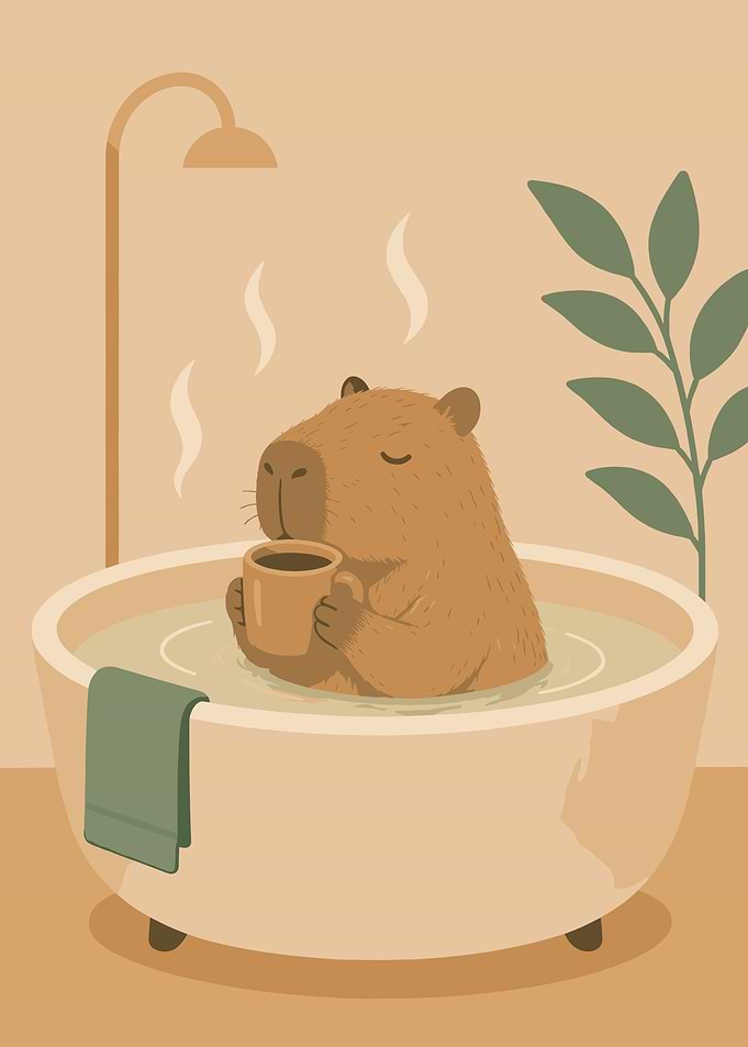 Capybara Enjoying a Bath with Coffee