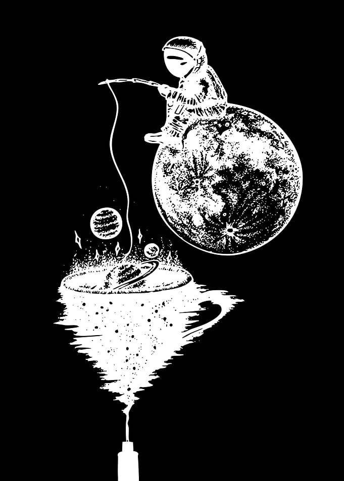 Astronaut fishing for planets in a teacup