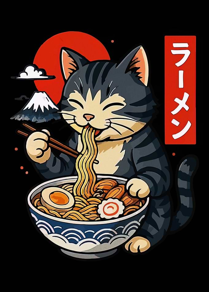 Cat Eating Ramen with Mount Fuji