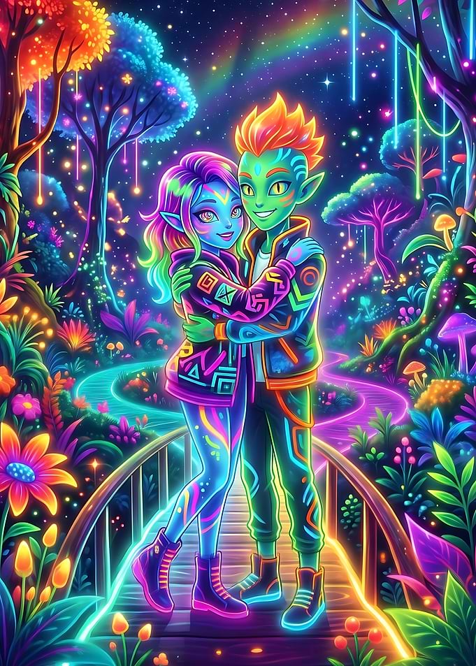 Neon Fantasy Couple Hugging
