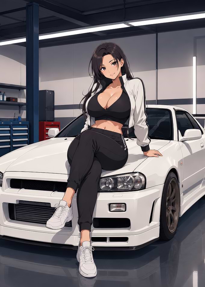 Anime Girl Posing with a White Car