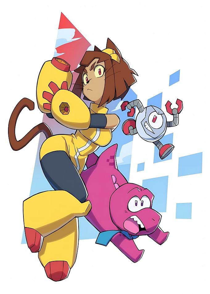 Cat girl with robot and dinosaur