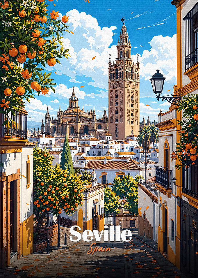 Seville Spain Orange Trees and Giralda Tower