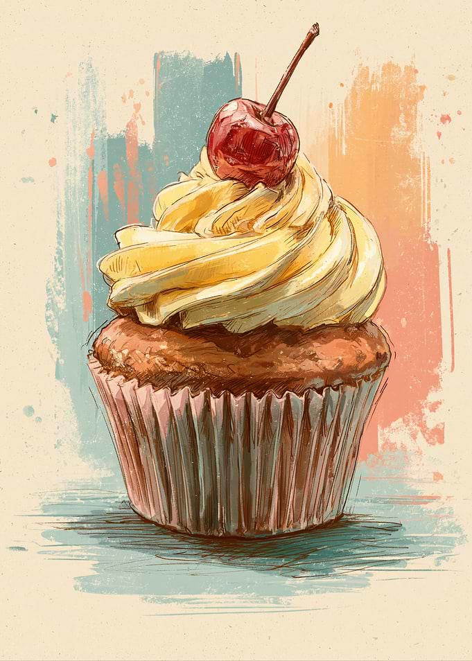Watercolor Cupcake with Cherry