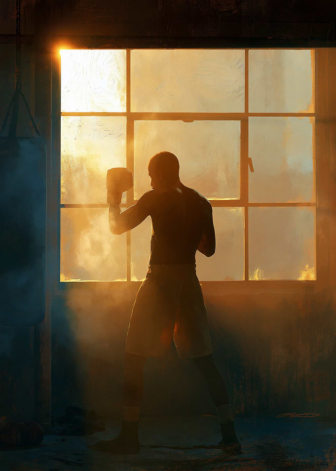 Boxer training in a gym at sunset