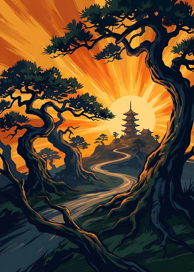 Japanese Pagoda at Golden Sunset