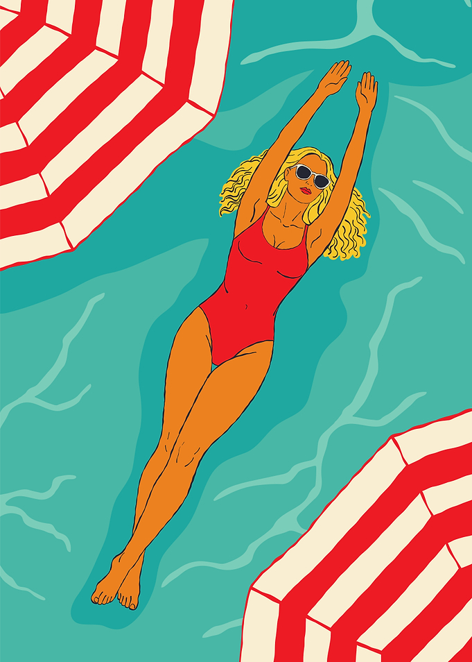 Woman swimming in pool with umbrellas