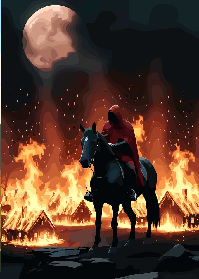 Hooded Figure on Horse in Burning Village