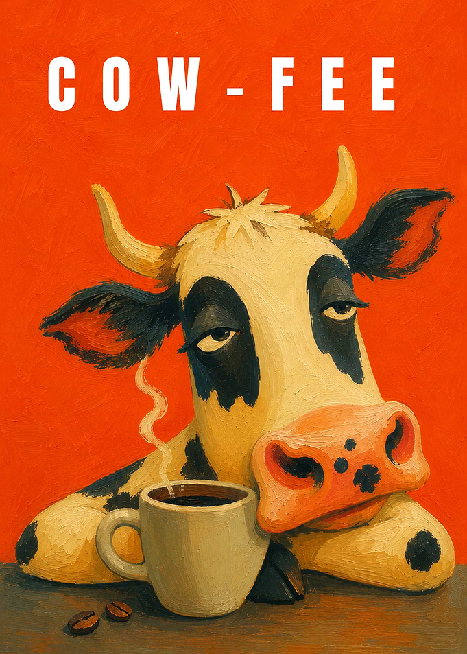 Cow drinking coffee