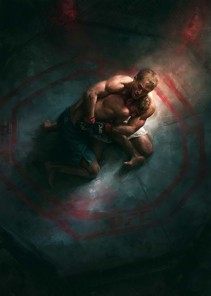 MMA Fighters Grappling in Octagon
