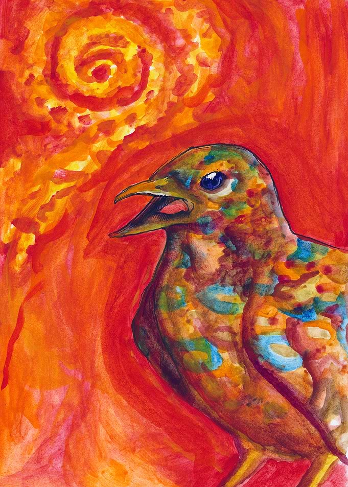 Colorful Bird Against Fiery Background
