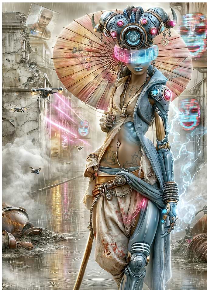 Cyberpunk Woman with Umbrella in Rainy City