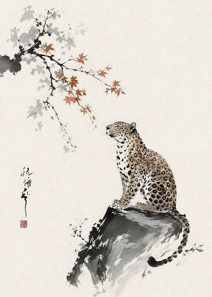 Leopard on Rock with Maple Branch
