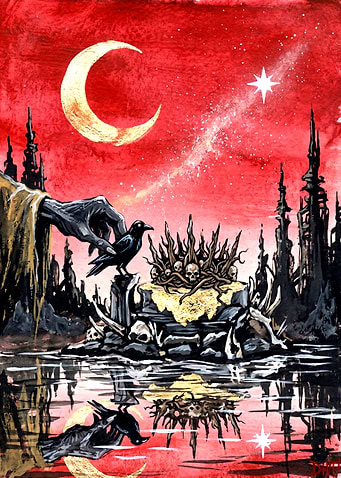 Dark Fantasy Scene with Raven and Skulls