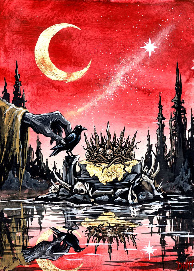 Dark Fantasy Scene with Raven and Skulls