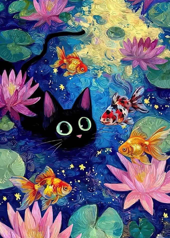 Black Cat and Goldfish in a Lily Pond