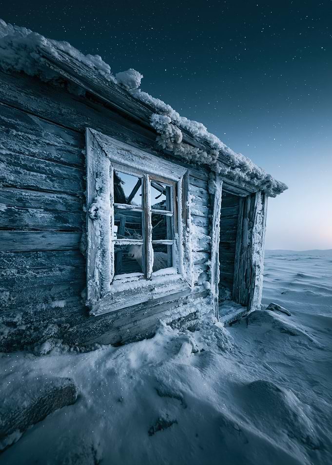 Abandoned Cabin in Snowy Landscape