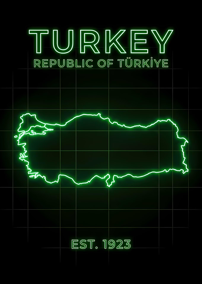 Neon Turkey Map Retro Futuristic Grid Digital Interface with 'EST 1923'