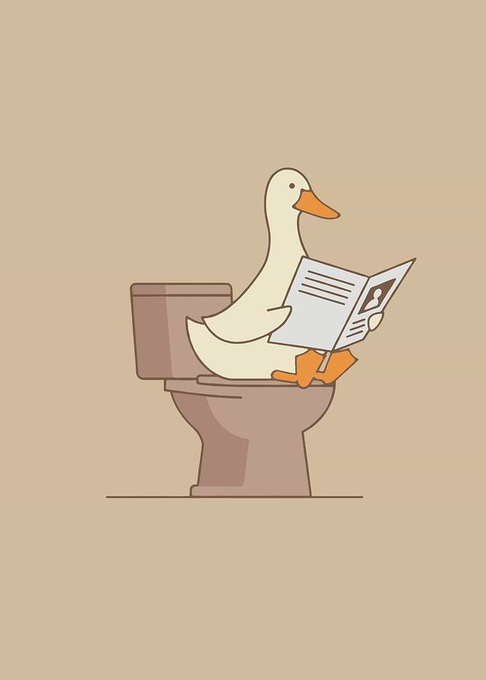 Duck reading newspaper on toilet