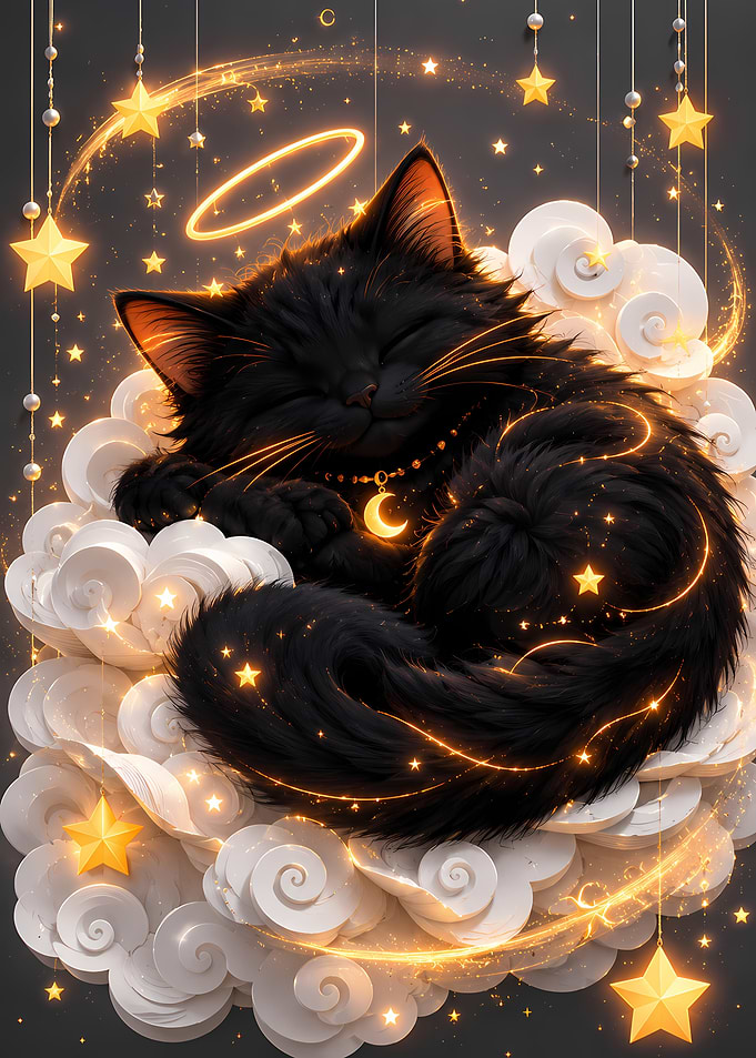 Black Cat Sleeping on Clouds