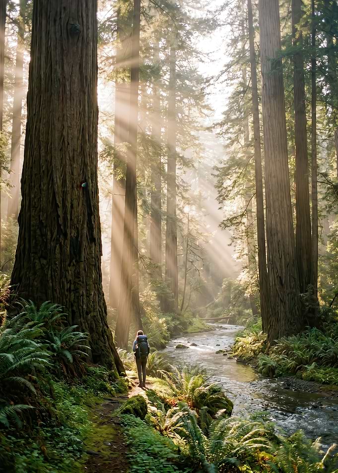 Hiker in Redwood Forest with Sunbeams
