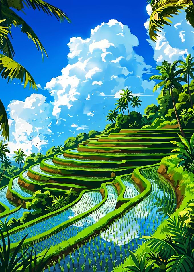 Lush Rice Terraces Under a Blue Sky