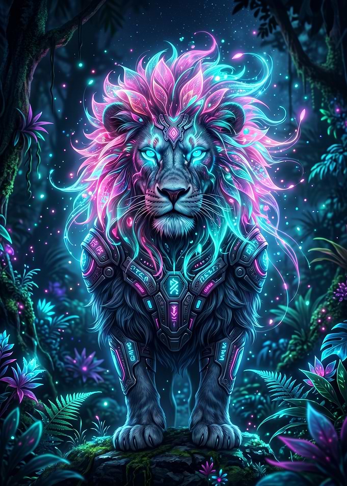Cyberpunk Lion in Neon Jungle