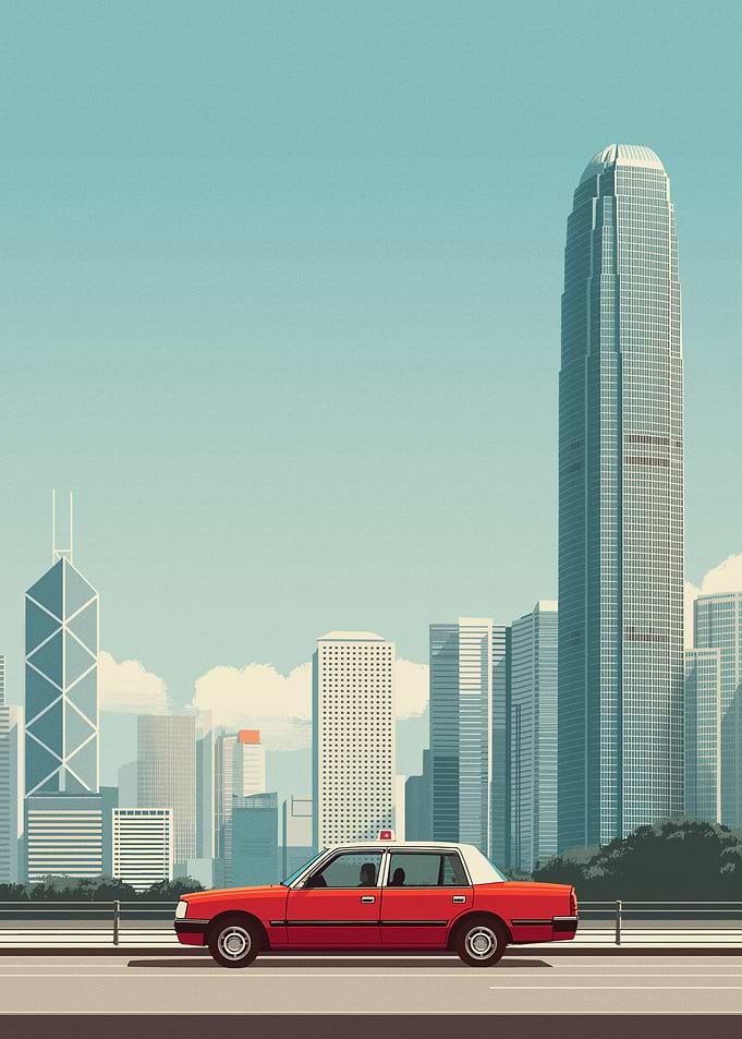 Red Taxi in Hong Kong Skyline