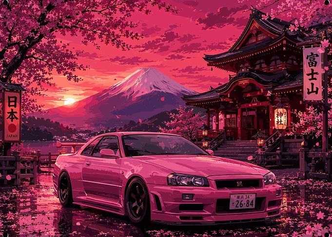 Pink Nissan Skyline GT-R at Mount Fuji